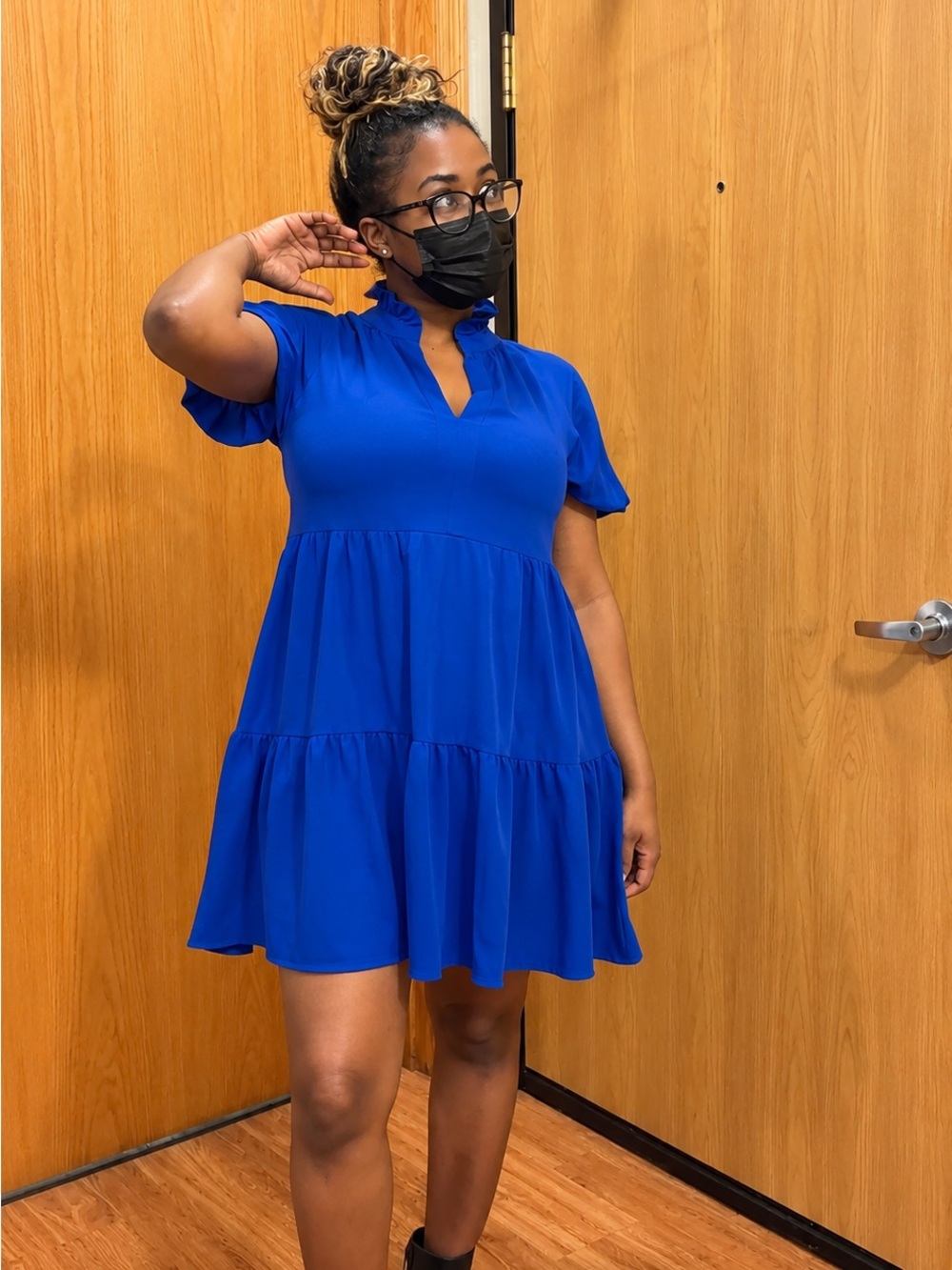Tiered Short-Sleeve Mini Dress in Royal Blue